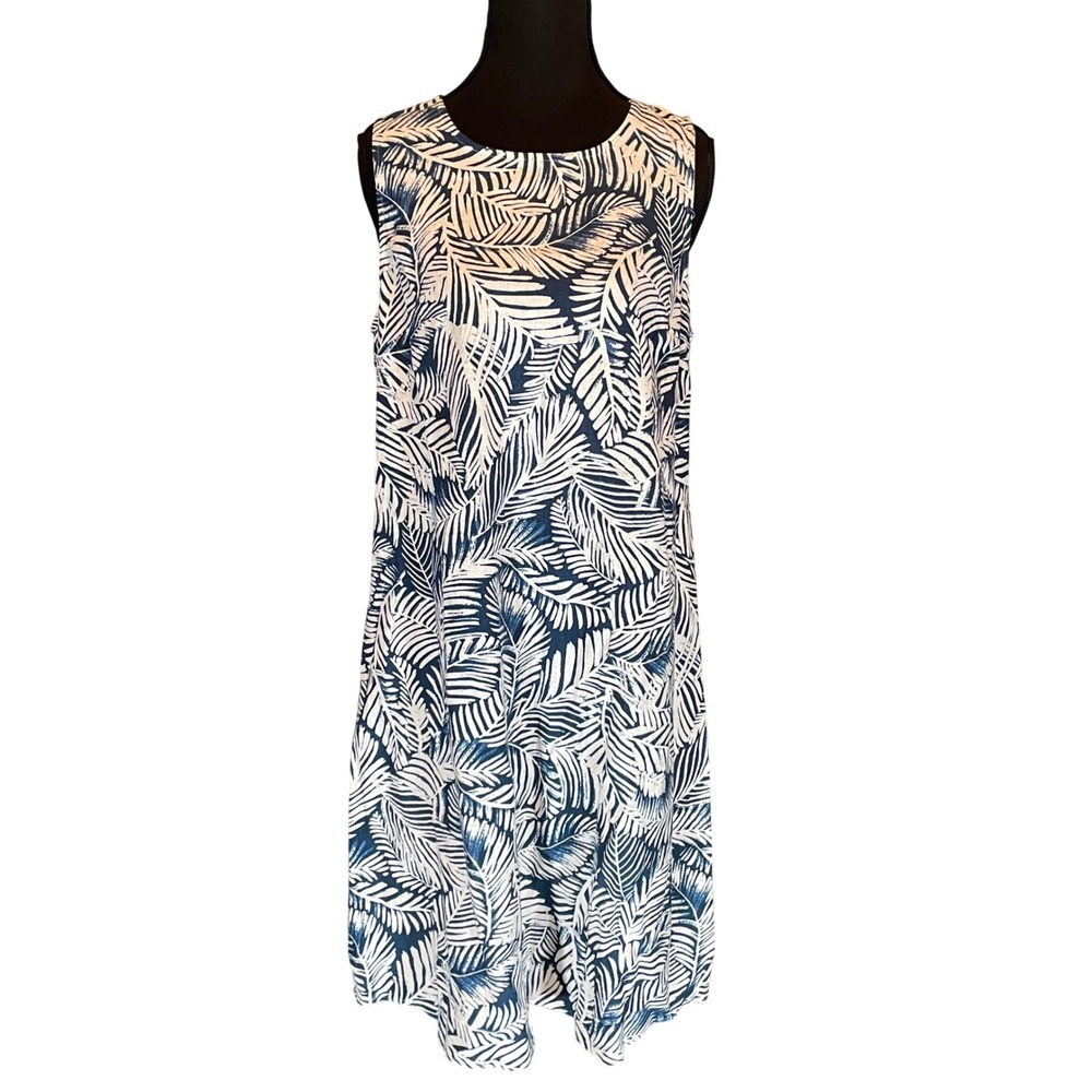Anne Klein Linen Blend Navy White Palm Leaf Sleeveless Shift Dress 4 Coastal